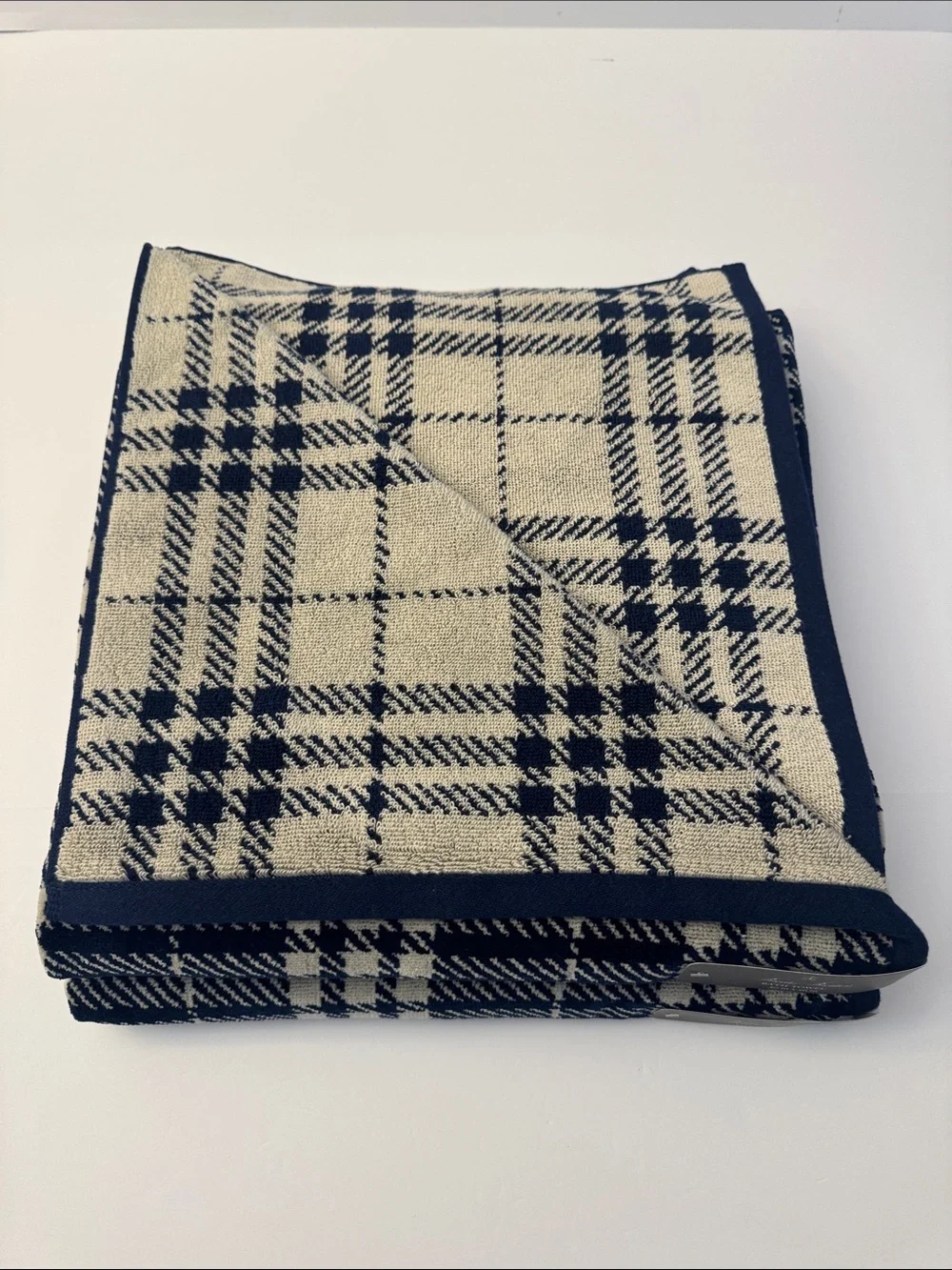 6pc BROOKS BROTHERS 100% Cotton Velour Plaid Bath Towel Set - Blue/Off White